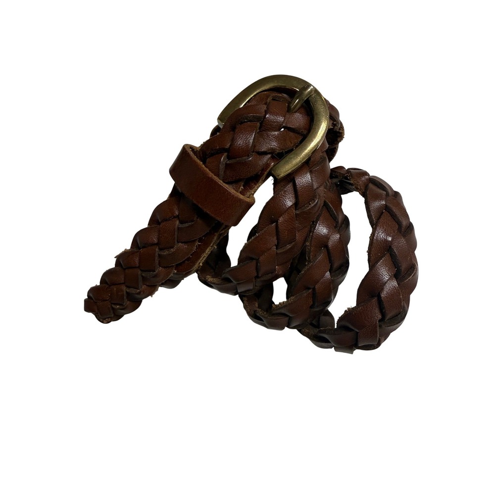Womens Brown Braided Genuine‎ Leather Belt Brass Buckle Size Small S P 0.75 Inch